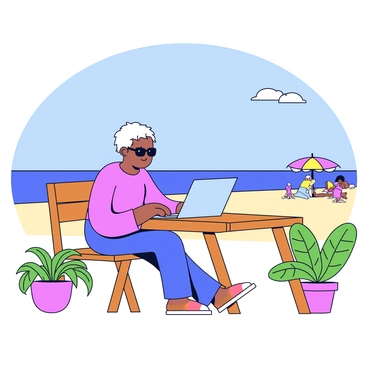 A digital nomad sitting at a small wooden table outside a beachside cafe. The person has a laptop open in front of them and is typing with a focused expression. They are wearing sunglasses and a casual summer outfit. Surrounding the table are a few tropical plants adding a touch of greenery. In the background, there is a clear blue sky and gentle waves lapping at the shore. A few colorful beach umbrellas can be seen in the distance, along with a couple of people relaxing on the sand.