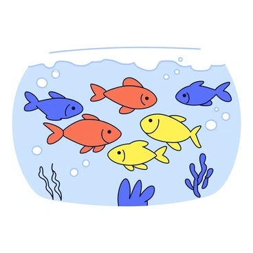 A group of five graceful fish in vibrant colors, including blue, orange, and yellow, swimming closely together in a synchronized manner. Each fish has flowing fins that move elegantly as they glide through the clear ocean water. Bubbles trail behind them, and the light filters down from the surface, creating a dappled effect in the water around them. The fish are surrounded by small coral formations and a few playful seaweed strands swaying gently in the water.