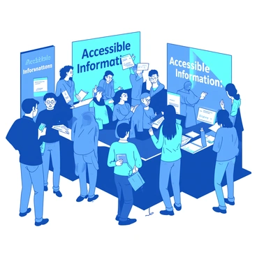 A blue employment fair filled with various booths, each showcasing different job opportunities. Each booth has a sign language interpreter assisting attendees who are engaged in conversation with recruiters. The background features banners with "Accessible Information" printed in large, clear text. Attendees are mingling, some using sign language while others are reading materials specifically designed for accessibility. The setting is lively, with people from diverse backgrounds interacting and exchanging information.