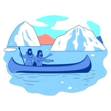 A blue canoe glides smoothly across icy waters, surrounded by towering white icebergs that reflect in the water's surface. In the canoe, there are two ancient Inuit figures dressed in traditional clothing made from animal hides, paddling with determination. One figure is at the front, expertly navigating while the other stands, holding a spear ready for fishing. The backdrop features a cloudy sky with hints of orange peeking through, suggesting a low sun. The water ripples gently around the canoe, creating a sense of movement in the cold wilderness.