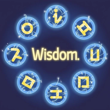 A series of glowing mystical runes are arranged in a circular formation, each rune intricately designed with various patterns and symbols. The runes emit a soft light in shades of blue and gold. At the center of the circle, the runes spell out the word "Wisdom" in an ancient language, with each letter represented by a unique rune. The background is a deep indigo, enhancing the brightness of the runes. Soft wisps of light swirl around the runes, adding a sense of movement and magic to the scene.