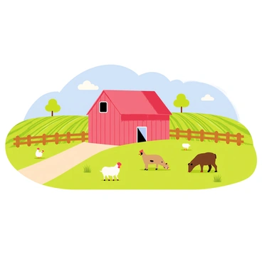 A small village farm with a red barn in the center, surrounded by green fields. There are several animals grazing, including a white sheep, a brown cow, and a few chickens pecking the ground. In the background, rows of vibrant green crops stretch across the landscape, and a clear blue sky is overhead with a few fluffy clouds. A wooden fence encloses the farm area, and a dirt path leads toward the barn.