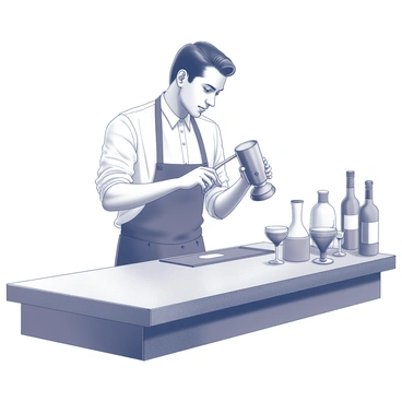 A bartender stands at a polished wooden bar. He is focused on mixing a negroni cocktail. In his right hand, he holds a jigger, measuring precise amounts of ingredients. In his left hand, he is shaking a cocktail shaker vigorously, droplets of condensation forming on the metal surface. The bar is adorned with various bottles of spirits and a few cocktail glasses are arranged neatly in the background. The bartender's professional attire is crisp, adding to the ambiance of the scene.