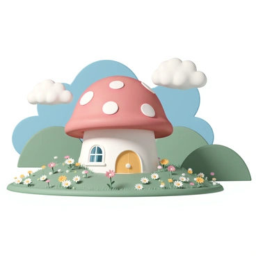 A large house designed to resemble a giant mushroom, with a red cap and white spots. The house has curved walls and a round door at the base, surrounded by windows that mimic the shape of a mushroom's gills. The structure is situated in a vibrant meadow filled with colorful wildflowers, including daisies and buttercups, swaying gently in the breeze. In the background, green rolling hills provide a soft contrast to the bright colors of the house and flowers. A clear blue sky with fluffy white clouds adds to the cheerful atmosphere of the scene.