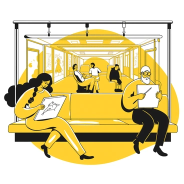 Several artists are sitting in a subway car, each focused on sketching in their pads. One artist, a young woman with braided hair, is drawing a figure in graceful movement, her pencil poised in mid-air. Another artist, a man with glasses, has his pad open to a detailed landscape, capturing the essence of the bustling environment around him. A third artist, an elderly man with a beard, sketches a fellow passenger, deeply engrossed in their own world. The interior of the subway car is filled with metal poles and overhead handles, while seats are occupied by various people, creating a lively yet intimate atmosphere of creativity.
