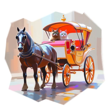 A regal cat with a luxurious coat, featuring shades of deep brown and hints of gold, is peering curiously out of a horse-drawn Victorian carriage. The carriage is adorned with intricate wood carvings and rich upholstery, showcasing its elegance. The cat's bright green eyes are wide, reflecting the surroundings, while its ears are perked up, indicating alertness. The horse that pulls the carriage stands majestically in the foreground, with a shiny black coat and ornate harness. The scene is set against a cobblestone street, with soft light illuminating the details of the carriage and the cat's fur.