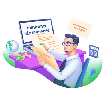 A shipping agent is sitting at a desk, reviewing a stack of "insurance documents" spread out in front of them. The agent is depicted as a focused individual, wearing a professional outfit and reading glasses. Surrounding the desk are various shipping-related items, including a globe, a shipping container icon, and a calculator. A laptop is open, displaying a screen with the words "Carriage and Insurance Paid To (CIP)" prominently featured. A light source casts a warm glow over the scene, highlighting the documents and the agent's expression of concentration.