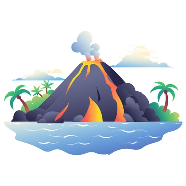 A large, active volcano is situated on a Hawaiian island, with smoke and ash billowing from its peak. The volcano has a rugged, dark surface with orange and red lava flowing down its sides, creating bright streams against the darker terrain. Surrounding the volcano are lush green palm trees and vibrant tropical plants, illustrating the contrast between the fiery eruption and the island's natural beauty. In the background, the ocean glistens under the sunlight, reflecting the colors of the sky, as waves crash against the rocky shore. The scene captures the dynamic motion of the lava and the dramatic atmosphere of the volcanic eruption.