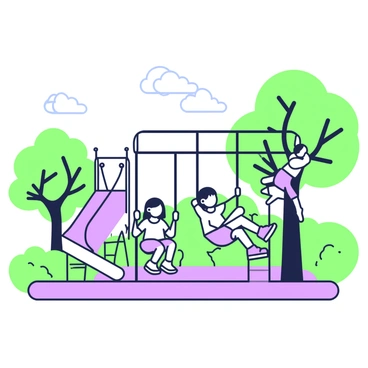 A group of children is playing on a playground equipped with colorful swings and a slide. In the foreground, two children are happily swinging side by side, while another child climbs on a jungle gym. The playground is surrounded by trees with leafy branches, providing ample shade. In the background, there are green bushes and grass, creating a vibrant natural setting. Above, the sky is clear and bright, with just a few fluffy clouds floating.