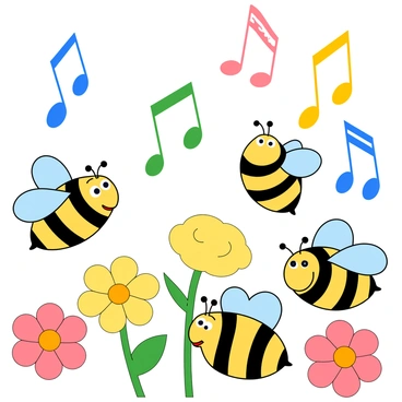 A collection of colorful musical notes, including quarter notes, eighth notes, and treble clefs, are floating in the air. The notes appear to dance playfully around a group of cheerful bees. Each bee is cartoonish with large, expressive eyes and fuzzy bodies, buzzing joyfully as they fly in various directions. The background features bright flowers in shades of pink, yellow, and blue, adding a vibrant touch to the scene. The bees are positioned around the notes, as if they are part of the symphony, creating a whimsical atmosphere filled with sound and color.