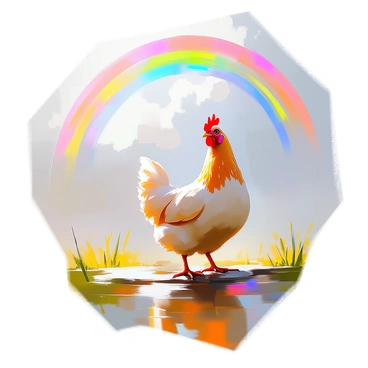 A hen standing under a vibrant rainbow after a rain shower