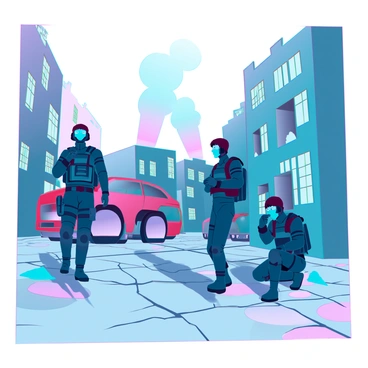 A group of soldiers in tactical gear, including helmets and body armor, moving cautiously through a war-torn urban landscape. The environment features crumbling buildings with shattered windows, debris scattered on the ground, and smoke rising in the distance. The soldiers are scanning their surroundings, with one soldier peeking around a corner while another is crouched, checking their gear. The atmosphere is tense, with shadows cast on the cracked pavement and remnants of destroyed vehicles in the background.
