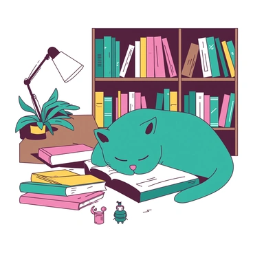 A teal cat is curled up comfortably in a corner of an eclectic bookstore. The cat has its eyes closed, resting peacefully on a stack of colorful books. Surrounding the cat, there are shelves filled with an assortment of books, some with vibrant covers and others with vintage designs. A small white lamp is perched on a nearby table, casting a soft glow over the scene, highlighting the eclectic mix of items, including a potted plant and a couple of quirky decorative figurines. The atmosphere is cozy and inviting, making it a perfect spot for an afternoon of reading.