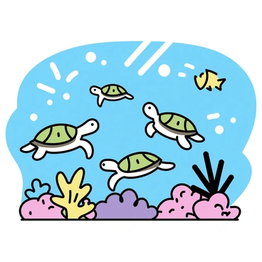 A group of sea turtles swimming gracefully among vibrant coral reefs. The turtles have distinct patterns on their shells, with shades of green and brown. The coral is colorful, showcasing various shapes like branching corals and large fans. Brightly colored fish are darting around the coral, adding to the liveliness of the scene. Sunlight filters through the water, creating a beautiful dappled effect on the ocean floor.