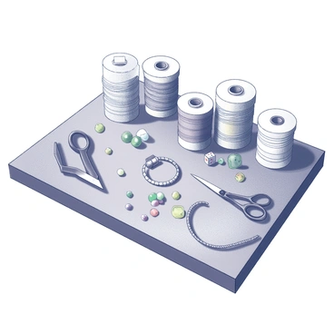 A crafting table is laden with various spools of colorful threads and a collection of assorted beads. The threads are arranged neatly, showcasing different textures and patterns. Various styles of beads, including round, square, and heart-shaped, are spread across the table, some glimmering in the light. A pair of scissors and a measuring tape are placed beside the threads, indicating the process of creating friendship bracelets. The scene conveys a sense of creativity and crafting activity, with tools and materials in close proximity.