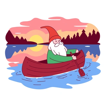 A red nisse with a long white beard is sitting in a small wooden boat, gently floating on a calm lake. The nisse is wearing a bright red hat and a cozy green outfit. The water reflects the vibrant colors of the sunset, casting an orange glow across the surface. In the background, silhouettes of distant trees frame the serene lake, and soft ripples can be seen around the boat. The sky is filled with shades of orange and pink as the sun dips below the horizon.