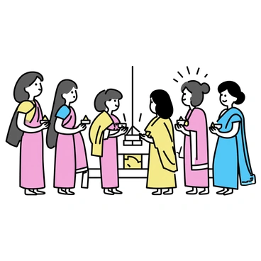 A group of women, dressed in vibrant sarees featuring intricate patterns and bright colors, are gathered together. They are participating in the rituals of the "Upanayanam" ceremony. Each woman’s saree showcases unique designs, adding to the visual richness of the scene. The women are holding traditional items associated with the ceremony, such as decorated plates and flower garlands. Their expressions reflect a sense of joy and solemnity as they engage in the rituals. The setting includes elements typical of an Indian ceremony, such as a decorated altar in the background.