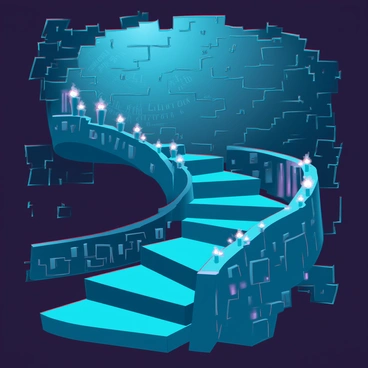 A spiraling stairway made of ancient stone, leading deep into the castle's depths. The stairway has worn edges and intricate carvings along the railing. Flickering torchlight casts dancing shadows on the stone walls, revealing patches of moss and age-old inscriptions. The atmosphere is filled with a sense of mystery as the stairs wind down into darkness, with the faint glow of the torches illuminating each step.