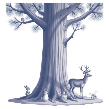 A towering giant redwood tree with a thick, textured trunk and expansive branches extending upwards. The bark has deep grooves and a rugged appearance. At the base of the tree, woodland creatures are gathered together. A curious deer with large eyes stands nearby, while a family of small rabbits peeks out from the underbrush. Squirrels are perched on tree branches, with one holding an acorn. The forest floor is covered in a mix of fallen leaves and soft moss, and dappled light filters through the tree canopy above.