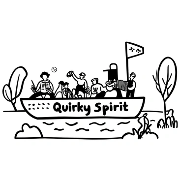 A ferry boat filled with various quirky passengers, including a person dressed as a clown juggling, a musician playing an accordion, and a couple dressed in vintage clothing. The boat is surrounded by rippling water on a tranquil lake. In the background, there are trees with detailed bark and leaves. The scene is framed by a serene shoreline with a few rocks and patches of grass. Words "Quirky Spirit" are displayed prominently on the side of the ferry boat.