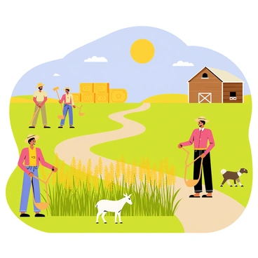A group of farmers in a rural landscape are harvesting mustard seeds. The farmers are wearing straw hats and colorful shirts, using traditional sickles to cut the tall mustard plants. The vibrant yellow flowers of the mustard plants are visible, creating a striking contrast against the green foliage. The sun is shining brightly in the clear blue sky, casting warm light over the scene. In the background, several hay bales are stacked neatly, and a wooden barn can be seen beside a winding dirt path. Near the edge of the field, a couple of goats are grazing peacefully.
