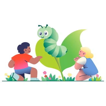 A friendly green caterpillar with big, expressive eyes is resting on a large, vibrant green leaf. The caterpillar has distinct, soft segments and tiny, short legs. Nearby, two children are gazing at the caterpillar with curious expressions. One child has dark hair and is wearing a red t-shirt, while the other child has blonde hair and is dressed in a blue dress. The children are kneeling on the grass, leaning closer to the leaf to get a better look. Surrounding them are colorful wildflowers and bright green grass, adding to the lively atmosphere of the scene.