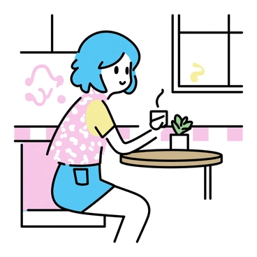 An anime character with bright blue hair, styled in loose waves, wearing a laid-back vintage outfit consisting of a patterned short-sleeve blouse and high-waisted denim shorts. The character is seated at a small round table made of wood, holding a steaming cup of coffee. The café features retro decor with checkered floors and pastel-colored walls. A window in the background allows soft light to enter, casting gentle shadows. A potted plant sits on the table, adding a touch of greenery to the scene.