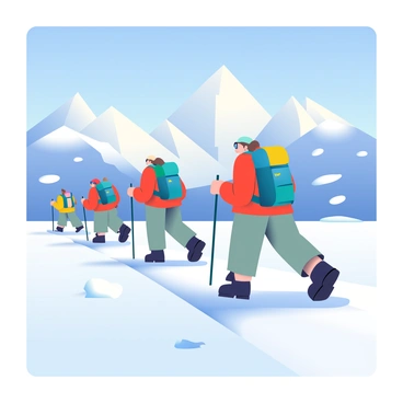 A group of hikers is trekking across a vast glacier under a bright blue sky. The hikers are wearing colorful gear, including red jackets, blue backpacks, and sturdy black boots. Each hiker is equipped with trekking poles and wearing sunglasses to protect against the sun's glare. The glacier's surface is a dazzling white, with subtle blue hues in the ice, reflecting the sunlight. In the background, towering snow-capped mountains rise majestically, creating a dramatic contrast against the clear sky. Small snowdrifts are scattered across the glacier, adding texture to the scene.