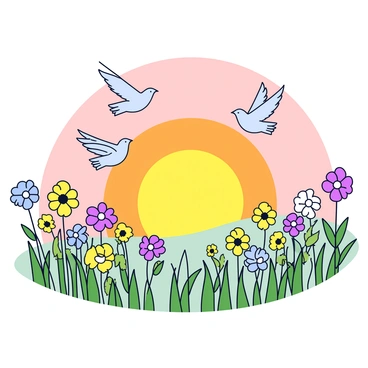 A sunrise scene with a gradient of soft orange and pink hues filling the sky. In the foreground, a blooming meadow is filled with vibrant wildflowers in shades of yellow, purple, and blue. Several birds are depicted taking flight, their wings outstretched against the colorful backdrop. The grass in the meadow appears fresh and green, swaying gently in the morning breeze.