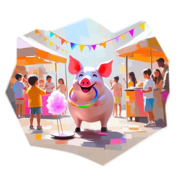 A pig with a pink, smooth body and large floppy ears stands happily amidst a lively festival atmosphere. Colorful banners and streamers dangle from nearby stalls, creating a festive backdrop. The pig is engaged in a ring toss game, playfully nudging a colorful ring with its snout, surrounded by cheerful children laughing and cheering. In the background, a vendor offers delicious treats, and the pig's eyes shine with excitement as it eyes a plate of freshly made cotton candy. Various festival-goers in vibrant clothing stroll by, adding to the joyful ambiance of the scene.