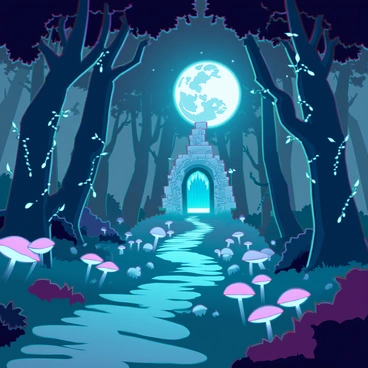 A moonlit path winding through a dense, enchanted forest, illuminated by soft silver light. The trees are tall and ancient, with twisted trunks and luminescent leaves that shimmer in the darkness. The ground is covered with a carpet of glowing mushrooms and soft moss. At the end of the path, a hidden shrine appears, crafted from intricately carved stone, adorned with emerald vines and delicate flowers. The air is filled with a sense of magic and mystery, inviting exploration. A gentle mist rises from the ground, enhancing the ethereal atmosphere surrounding the shrine.