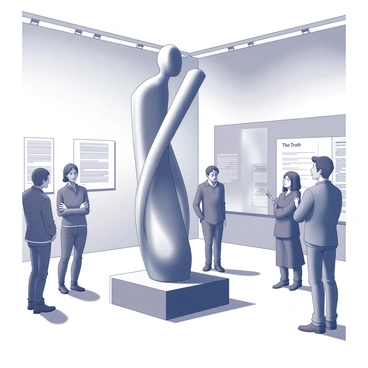 A sleek sculpture titled "The Truth" stands prominently in a museum display. The sculpture features smooth, flowing lines that evoke a sense of movement and depth. Surrounding the sculpture are several onlookers, gazing up at it with expressions of curiosity and admiration. The museum walls are lined with informational plaques and ambient lighting highlights the artwork. Shadows play subtly on the floor, enhancing the atmosphere of contemplation in the space.