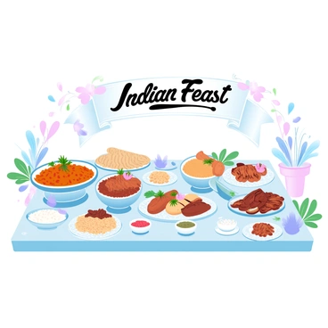 A lavish buffet spread is laid out on a long, elegantly decorated table. Various types of biryani are arranged in large, ornate bowls, showcasing vibrant colors and garnished with fresh herbs. Next to the biryani, there are trays filled with naan bread and perfectly grilled tandoori chicken, giving a sense of abundance. Other Indian delicacies like samosas and paneer tikka are artfully placed on decorative platters, accompanied by small bowls of colorful chutneys. Floral arrangements and decorative plates enhance the festive atmosphere of the scene. A large banner above the table reads "Indian Feast" in an ornate font.