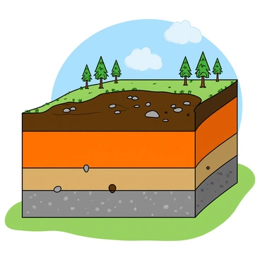 A large landslide has occurred on a grassy hill, exposing the vibrant layers of the Earth's crust underneath. The top layer is made up of rich, dark soil scattered with small rocks and patches of grass. Below that, there is a bright orange layer of sediment, followed by a tan layer that has a few larger stones embedded within it. Further down, a deep grayish layer is visible, containing various minerals that glisten in the light. The hill is surrounded by a few small trees with green leaves swaying gently in the breeze, and the sky above is a clear blue with a few fluffy white clouds.