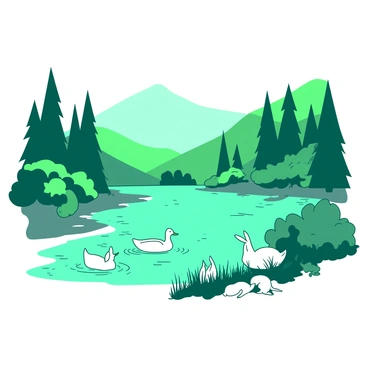 A teal freshwater lake is nestled in a valley, surrounded by vibrant green trees and bushes. The surface of the lake reflects the light, creating ripples that dance across the water. Along the shore, various wildlife can be seen, including a pair of ducks gliding gracefully on the water and a small group of rabbits nibbling on grass near the edge. In the distance, there are tall trees casting shadows on the lake, enhancing the natural beauty of the scene.