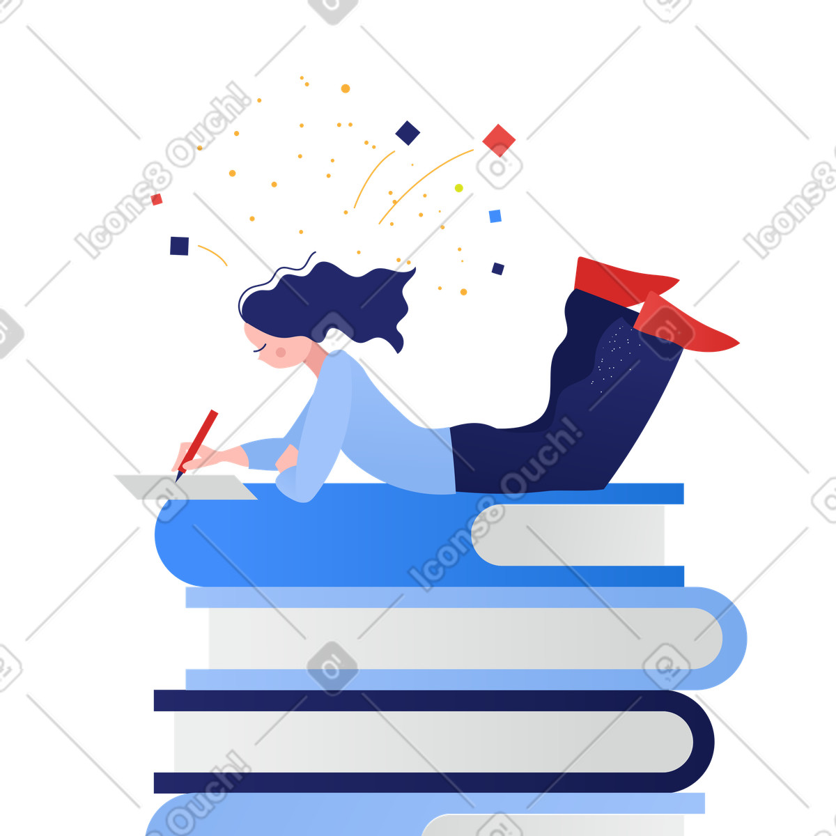 Woman busy with her study assignments illustration in Clip style download in PNG, SVG