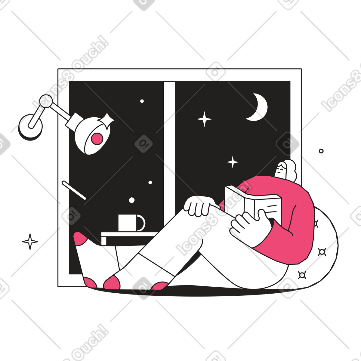 Иллюстрация Sitting on windowsill with book under lamp, Evening leisure and personal time в стиле Dazzle Line — скачать в форматах PNG, SVG