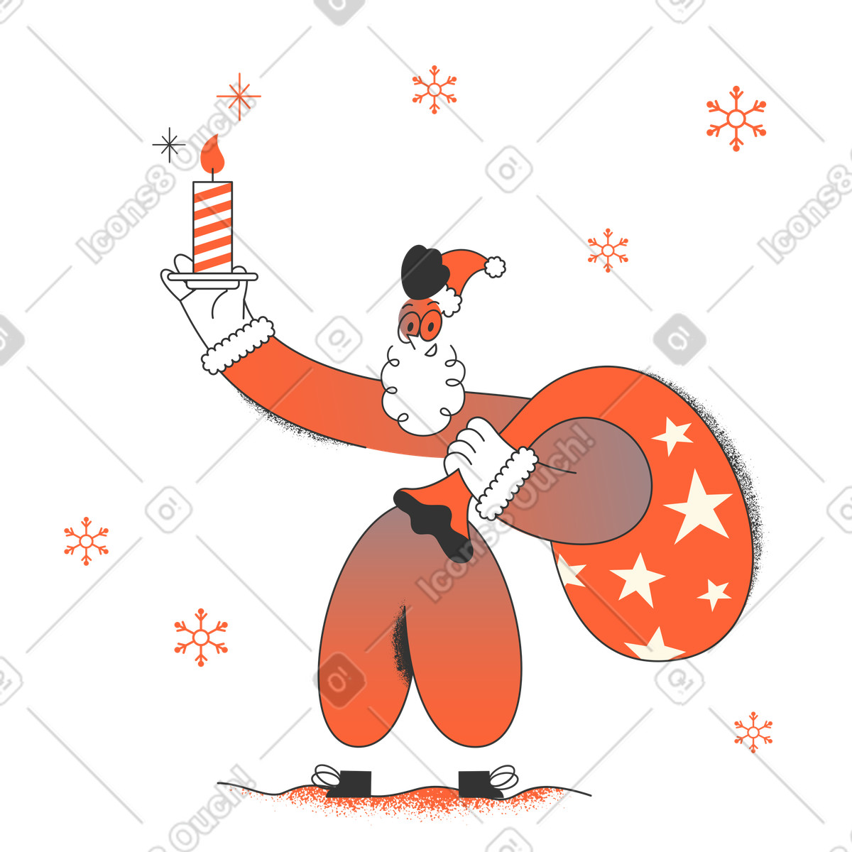 Santa claus with candle and gift sack illustration in Crayon style download in PNG, SVG
