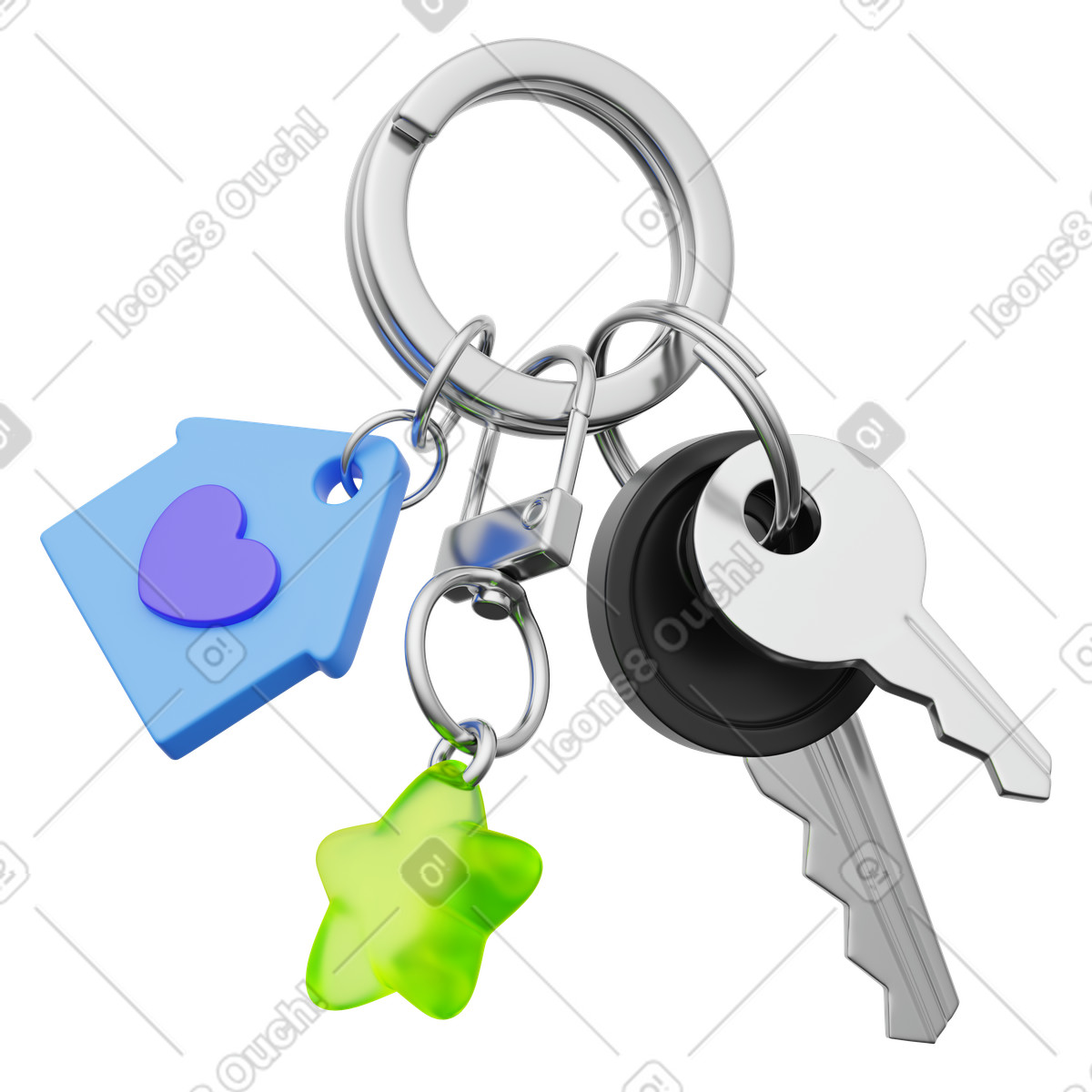 Chiavi in metallo con accessori colorati, accesso alla propriet&agrave; e sicurezza domestica illustrazione in stile 3D Playful scarica in PNG, SVG