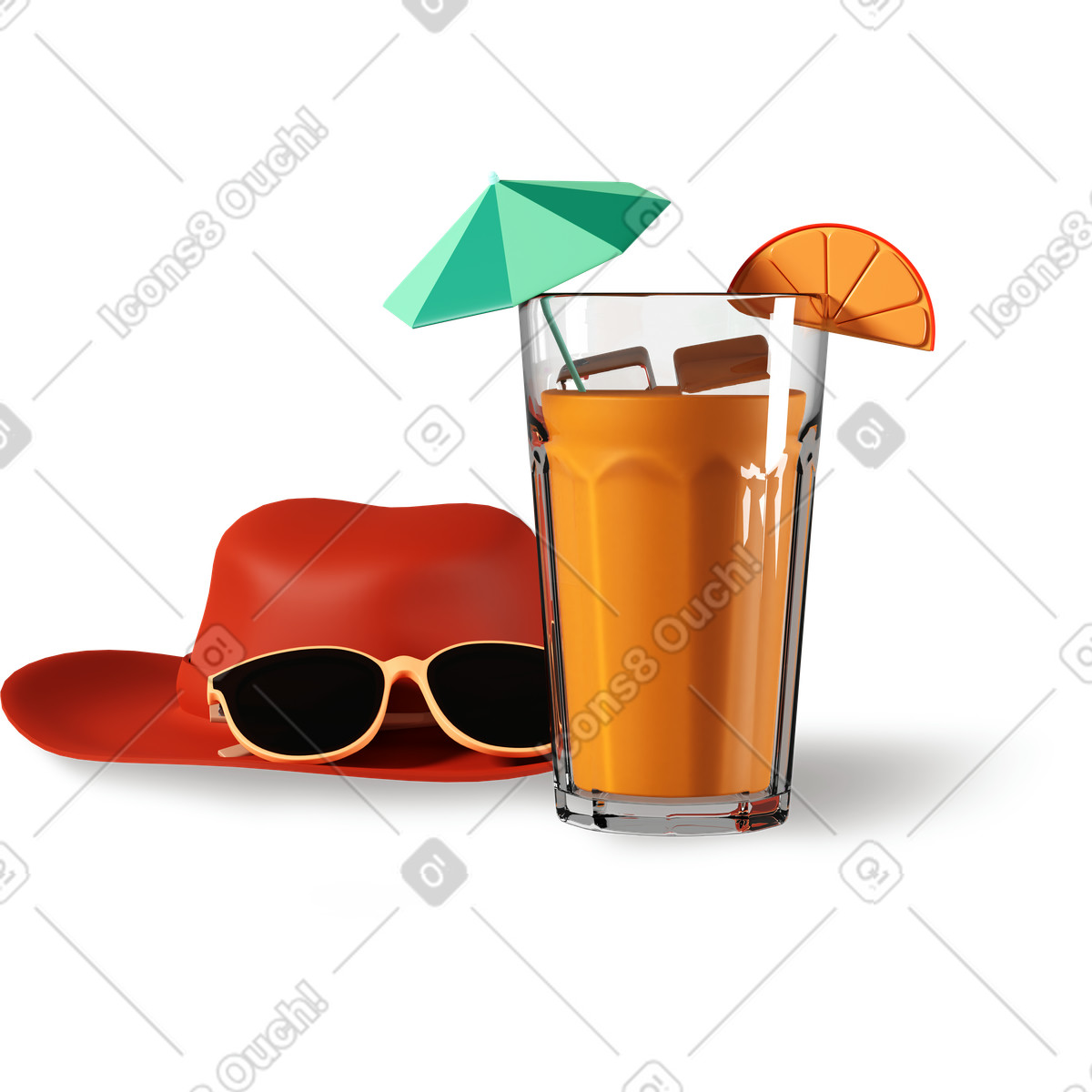 Cappello, occhiali da sole e cocktail illustrazione in stile 3D Plastic people scarica in PNG, SVG