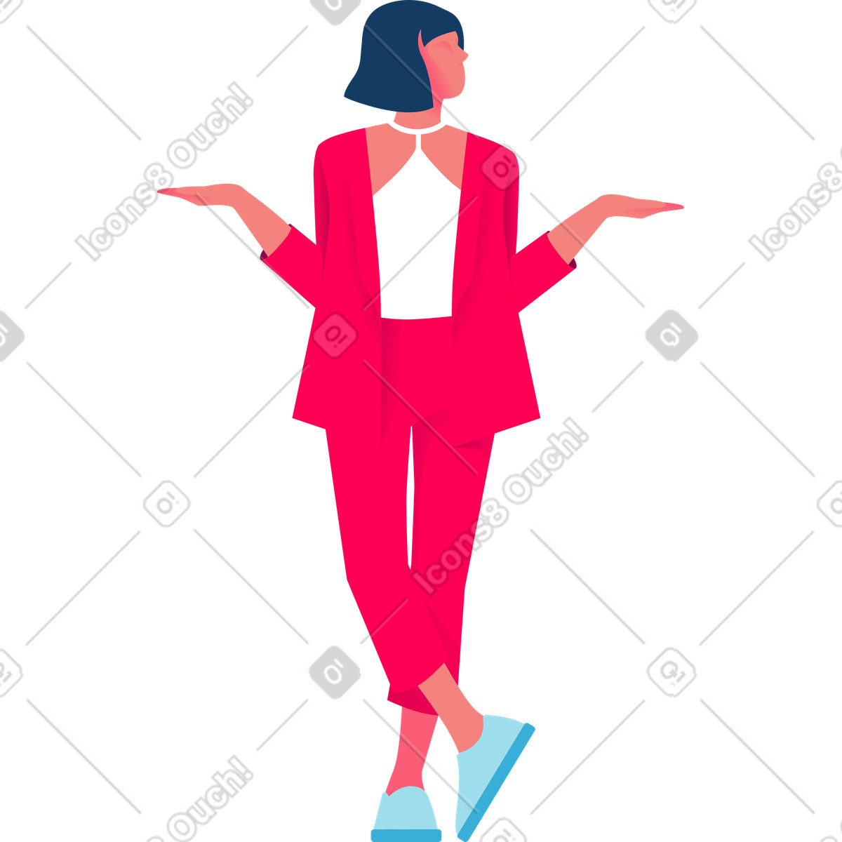 Ilustración Mujer en traje de pantalón se para con las piernas cruzadas estilo Daily a descargar PNG y SVG