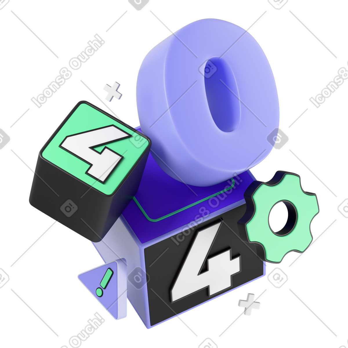 Lettering 404 with warning sign and gear text animated illustration in 3D Incut style download in GIF, Lottie (JSON), AE