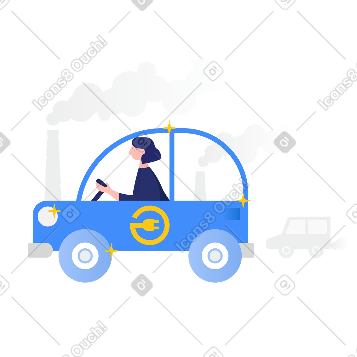 Clip スタイルの 汚染された都市で電気自動車を運転する女性 のイラストをPNG、SVG形式でダウンロード