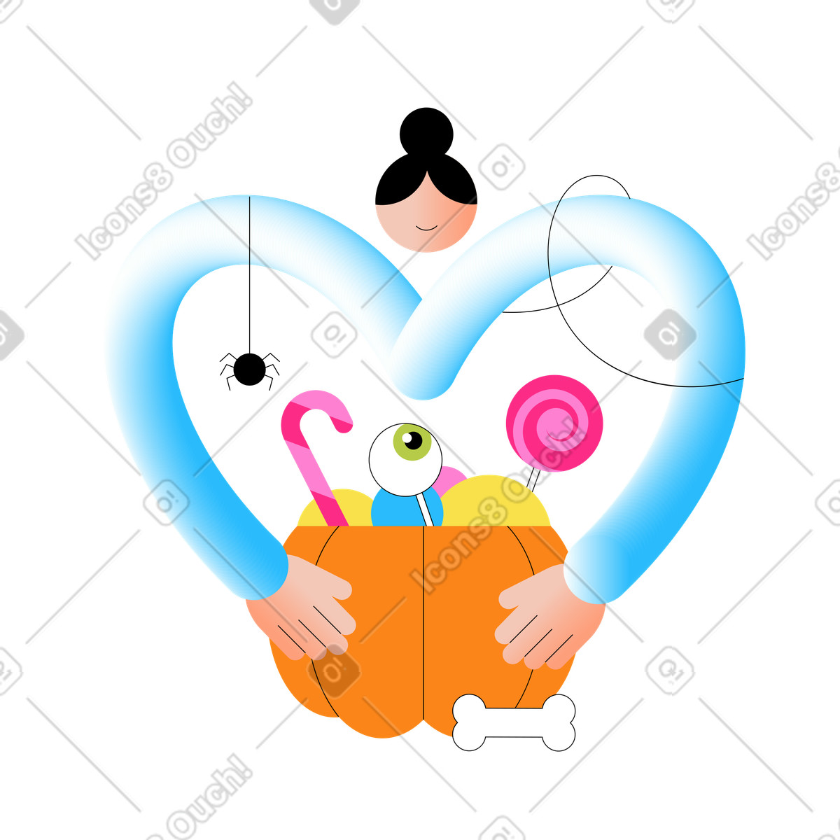 Young woman holding pumpkin with candies illustration in Knotty style download in PNG, SVG