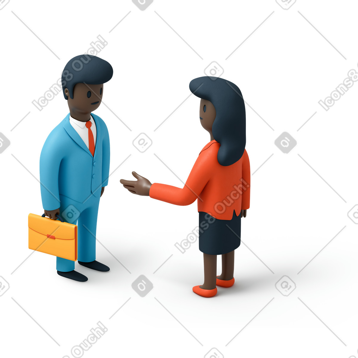 下载 3D Flame 风格的 女商人伸出她的手迎接一个商人 插画，支持 PNG、SVG 格式