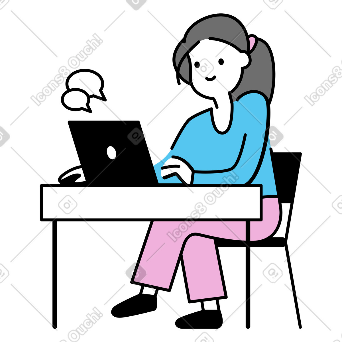 Employee sitting at desk with laptop, home office or workspace environment animated illustration in GIF, Lottie (JSON), AE
