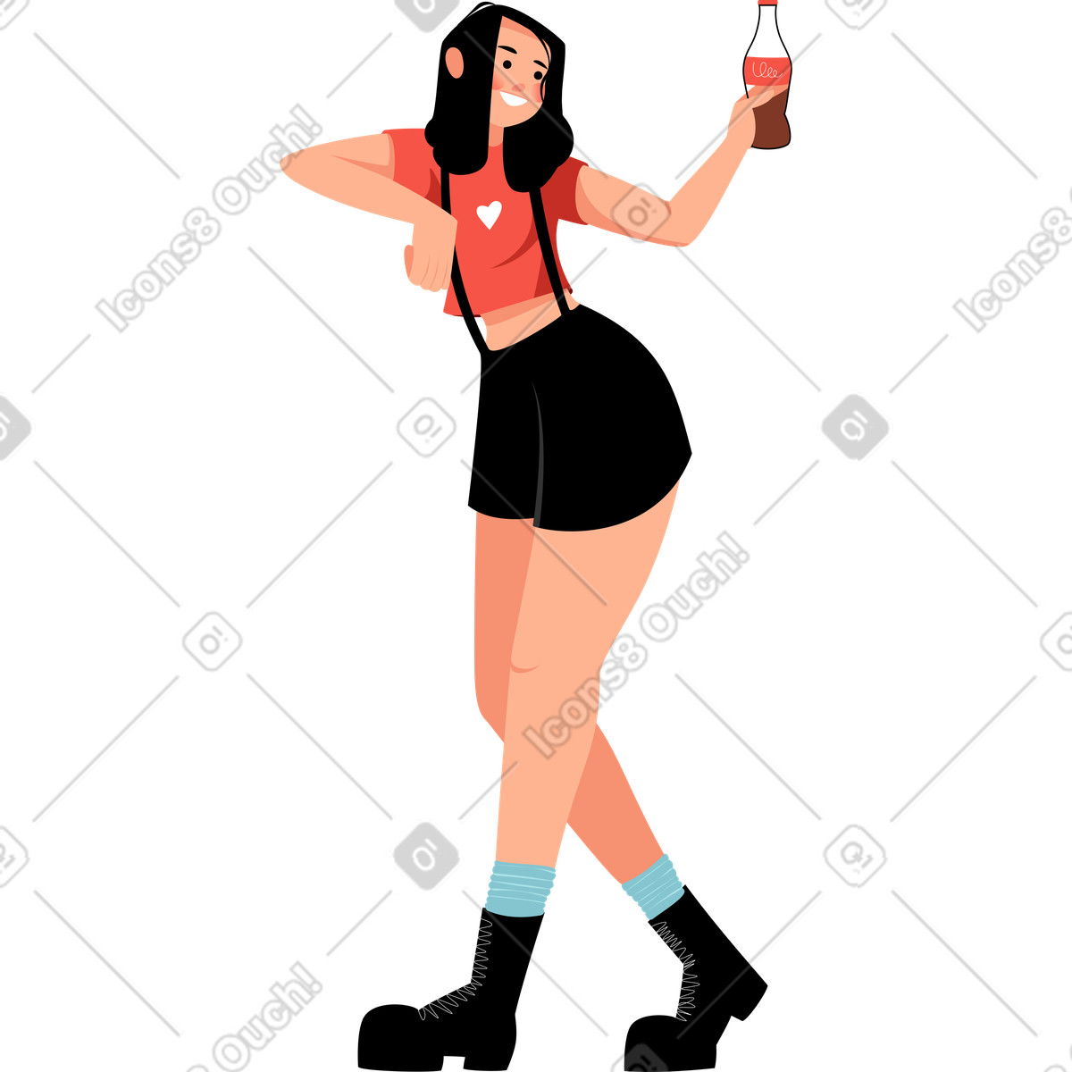 Illustration Joyful girl in overalls with cola dans le style Lagom à télécharger aux formats PNG, SVG