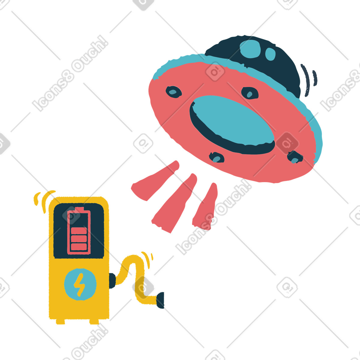 Ufo recharging battery at charging station illustration in Flamenco style download in PNG, SVG