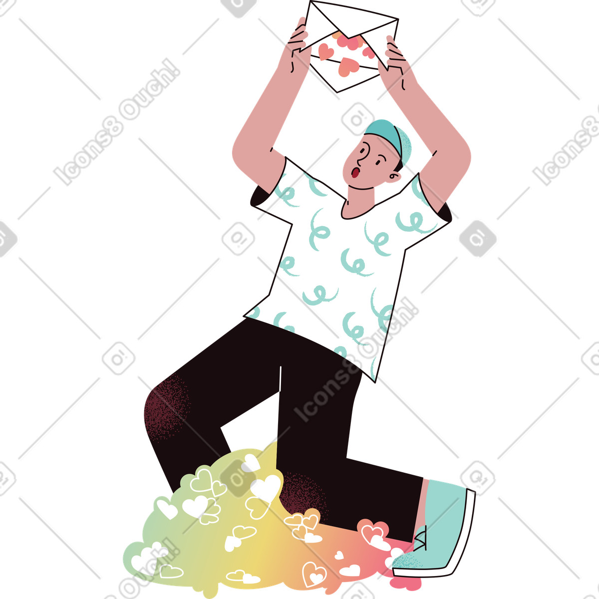 Man opening an envelope with hearts confetti inside illustration in Delight style download in PNG, SVG