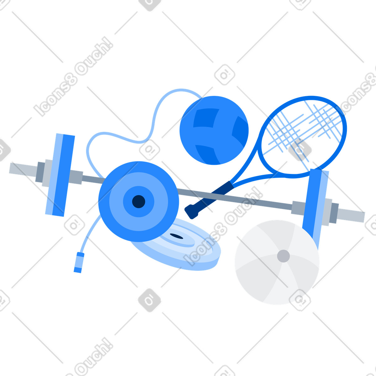 Dumbbell, tennis racket and balls illustration in Urban style download in PNG, SVG